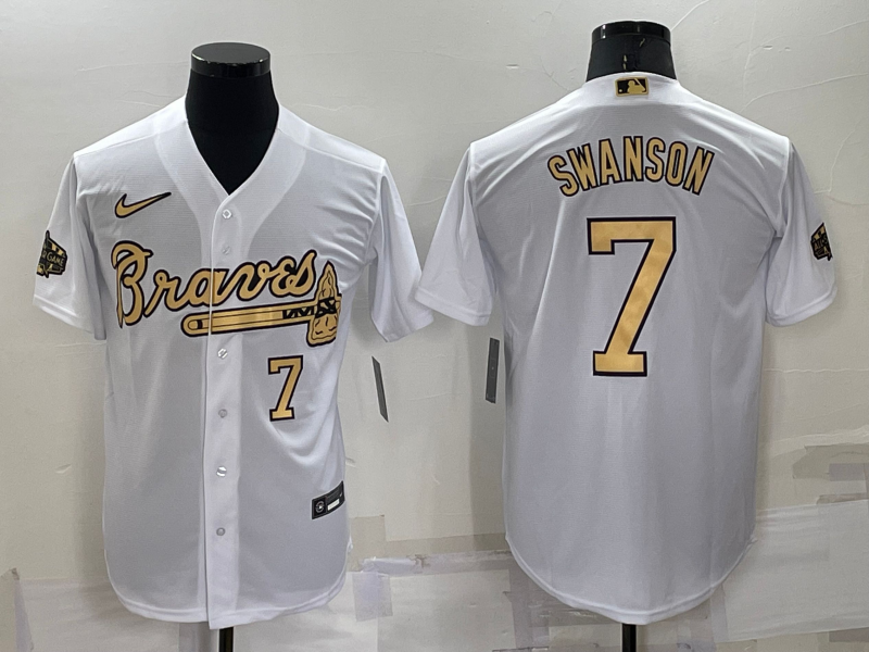 Men's Atlanta Braves #7 Dansby Swanson 2022 All-Star White Cool Base Stitched Baseball Jersey Men's Atlanta Braves #7 Dansby Swanson 2022 All-Star White Cool Base Stitched Baseball Jersey